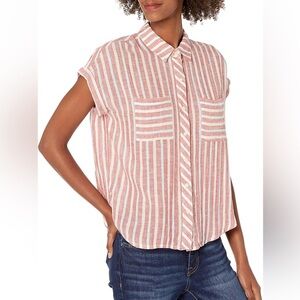 Lucky Brand White and Red Cap Sleeve Button Down Tie Back Shirt Medium